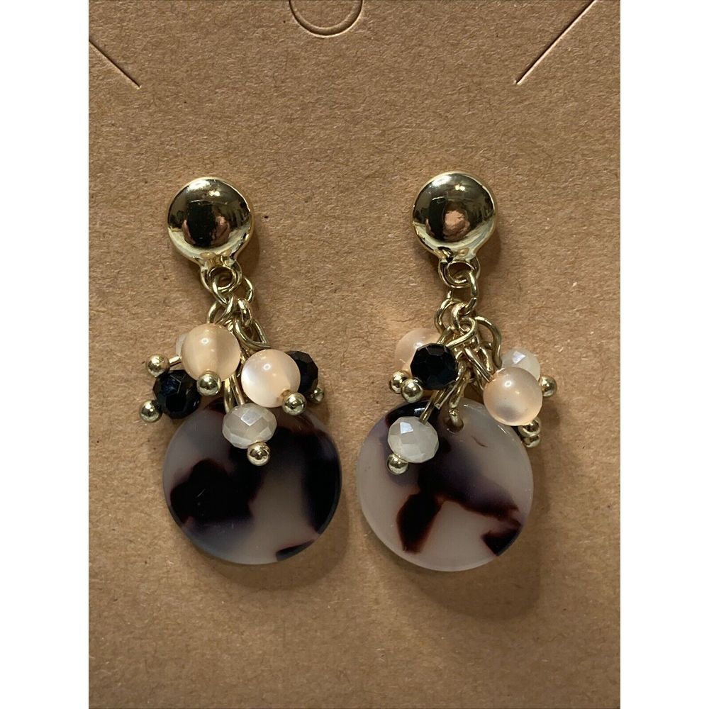 Tortoise dangle beads drop‎ cluster  EARRINGS gold Tone Fashion NWOT
